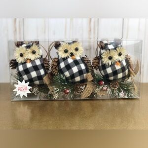 3 pack of Black & White Plaid Owl Pinecone Ornaments Christmas Farmhouse